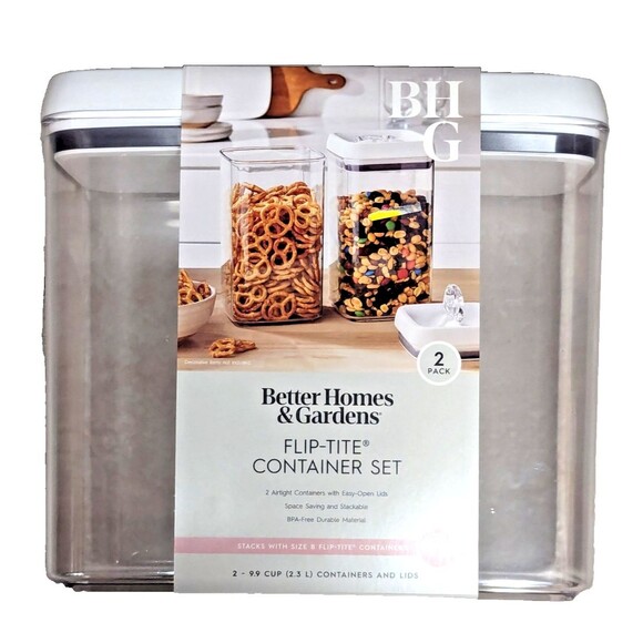 Better Homes & Gardens Flip-Tite Clear Container Set 9.9 Cup 2pc White Lids Gift - Picture 1 of 8